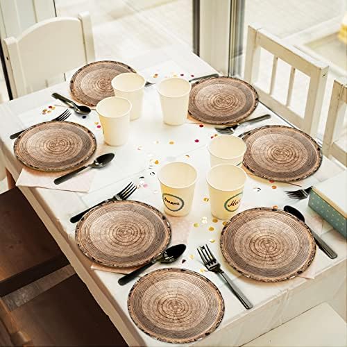Wiooffen 48pcs Rustic Wooden Tree Party Supplies 9" Paper Plates Set Lumberjack Theme Tableware Pack Camping Hunting Party Dessert Plates Rustic Wooden Birthday Holidays Decorations - Image 4