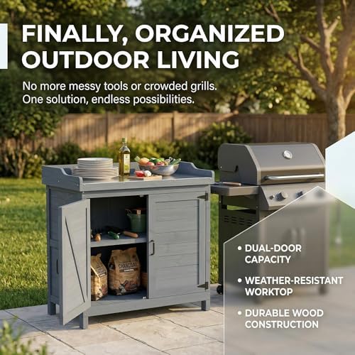 GDLF Outdoor Storage Cabinet with Work Bench, Garden Potting Table, Gray - Image 3