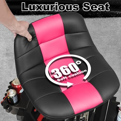 Rolling Stool with Wheels, Adjustable Height Pneumatic Garage Work Mechanic Stool Seat with Backrest, 400 LBS Capacity 360° Swivel Mechanic Crepper Chair with Tool Tray Storage, Pink - Image 3