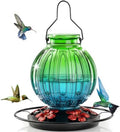 Glass Hummingbird Feeder for Outdoors Hanging, Bird Nectar Feeder with Perch & 5 Flower Feeding Ports, 26 Oz Leak Proof for Outside Garden Decor Backyard, Gifts for Women Mom, Green & Blue by GreteGotye