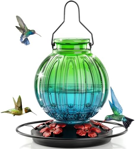Glass Hummingbird Feeder for Outdoors Hanging, Bird Nectar Feeder with Perch & 5 Flower Feeding Ports, 26 Oz Leak Proof for Outside Garden Decor Backyard, Gifts for Women Mom, Green & Blue by GreteGotye