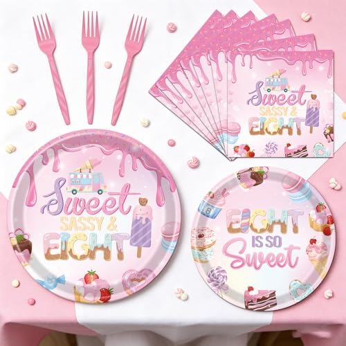 Sweet Sassy and Eight Birthday Decorations, 96PCS Donut 8th Birthday Disposable Paper Plates and Napkins Decoration for Girls, Ice Cream Theme Bday Forks Decor for 8 Year Old Girl Serve 24 - Image 5