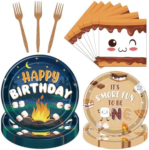 Gameza S'mores Camping Birthday Party Decorations, 96PCS Smore Fun to Be One Disposable Paper Plates and Napkin Tableware Bday Decorations, Camper Bonfire Theme 1st Decor Supplies Serves 24 by GAMEZA