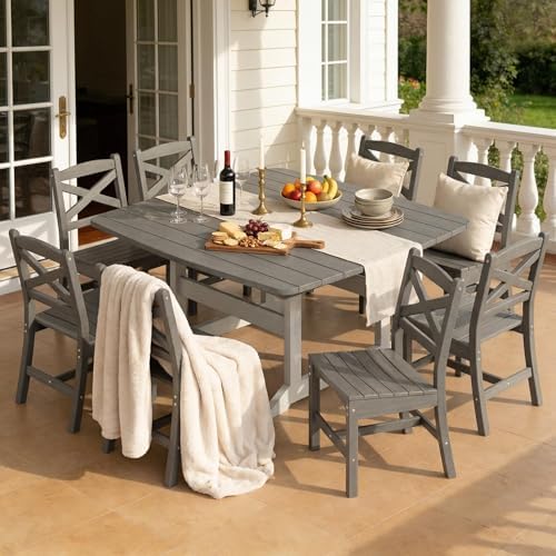 All Weather Patio Dining Table Set for 8, HDPE Heavy Duty Outdoor Rectangular Table & 8 Chairs, 9PCS Outdoor Furniture Set for Patio Garden Lawn, White and Grey - Image 6