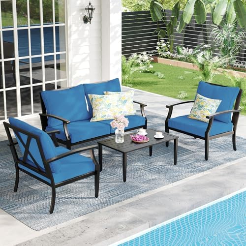 4-Piece Patio Furniture Set, Wider Outdoor Metal Seating Sofa with High Back & Loveseat, Coffee Table, All Weather Metal Conversation Set for Backyard, Poolside, Deck-Peacock by OutdoorPatioFurnitureSet