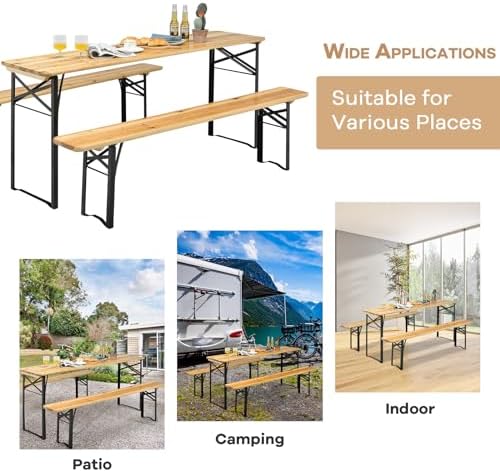 NAFORT 6FT Picnic Table Set, 3-Piece Folding Beer Table & Bench, Portable Wooden Picnic Tables for Outdoors Dining Table Set w/Metal Frame for Patio Garden - Image 6