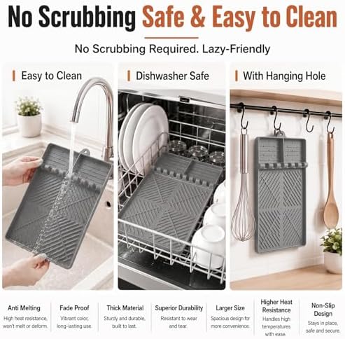 Silicone Grill Mat for Blackstone Griddle, 16x11.5 Extra-Thick Non-Slip Spatula Holder Mat with Grease Drip Pad, Heat Resistant BBQ Utensil Organizer for Side Shelf, Ideal Gifts for Men (Gray) - Image 3