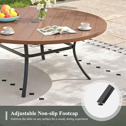 Outdoor Dining Table for 8, 63" Round Outdoor Table with Adjustable Umbrella Hole, All-Weather Metal Patio Dining Table for Lawn Garden Backyard Deck, Walnut - Image 6