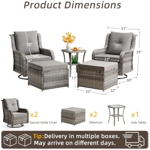 Wumiokio Patio Furniture Sets, Wicker Outdoor Furniture - 360 Degree Swivel Rocking Chairs and Rattan Side Table for Garden,Porch,Backyard (Grey Wicker/Grey Cushion, 5PCS - Swivel Chairs & Ottoman) - Image 3
