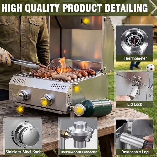 Bestfire 2-Burner Tabletop Propane Gas Grill, Dual Connections, 20,000 BTU Stainless Steel Portable Grill, Fits Large Gas Cylinders/Small Canisters, for Camping, RV, Outdoor BBQ - Image 4
