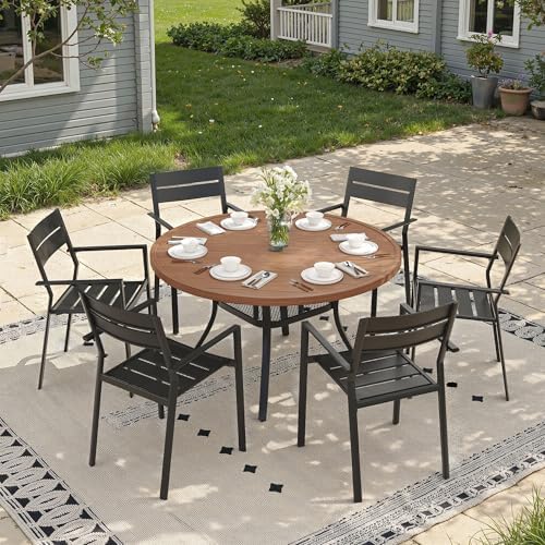 47.2" Patio Dining Table for 6, Round Outdoor Metal Dining Table with Umbrella Hole for Lawn Garden Backyard, Walnut - Image 4