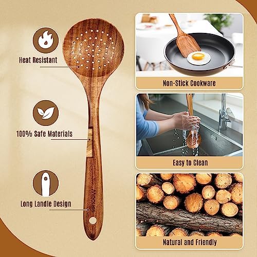 Mooues Wooden Kitchen Utensil Set, 7 Piece Natural Teak with Spoon Rest - Image 2
