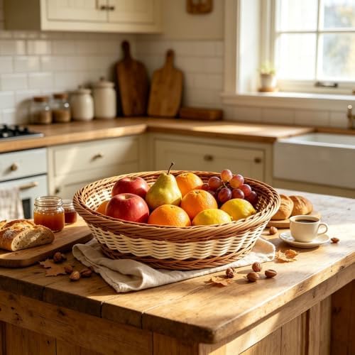 RT&BS 2pcs Large Round Wicker Bread Basket, Round Wicker Fruit Basket, Woven Egg Baskets, Reusable Handwoven Storage Baskets for Living Room, Kitchen, Store, Restaurant, Outdoor, Party (Bicolor, L) - Image 4
