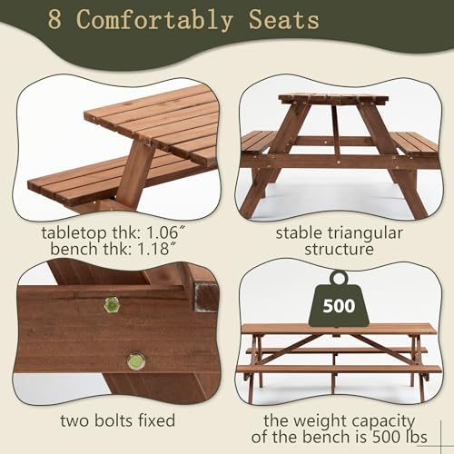 Brown 75" Rectangular Wooden Picnic Tables for Outdoors - Image 4
