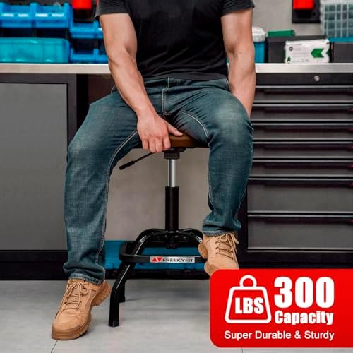 Shop Stool with Backrest, Mechanic Garage Stool for Workshop, Adjustable Shop Stools Chair, Padded Workbench Stools for Men Women, 300 LBS Capacity, 360° Swivel PVC Seat, Heavy Duty, Brown - Image 3