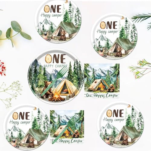 Happy One Camper Birthday Decorations Supplies, 96PCS Camping 1st Party Plates and Napkins Set, Disposable Adventure Tableware(Serve 24 Guests) - Image 5