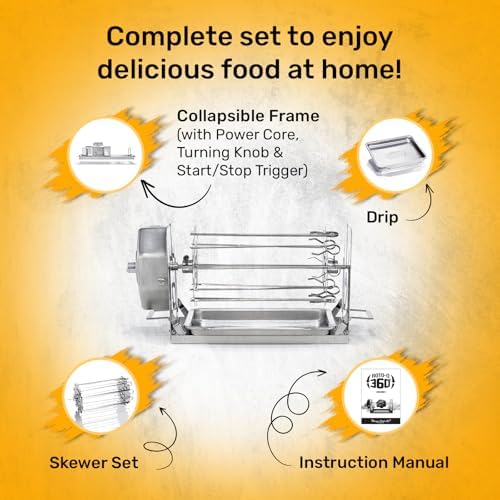 ROTO-Q 360 Non-Electric Rotisserie Kit with 10-Piece Skewer Set - Cordless Spit Roaster for Grills, Ovens, Smokers, BBQs - Indoor & Outdoor Cooking (Black) - Image 2