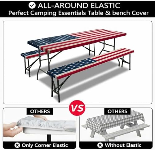 American Flag Picnic Table Cover with Bench Covers, Waterproof Windproof Oilproof, Camping Essentials, Fitted Tablecloth Cover with Elastic Edge, for Indoor & Outdoor, Garden, 3 Pieces Set, 30x72 Inch - Image 6