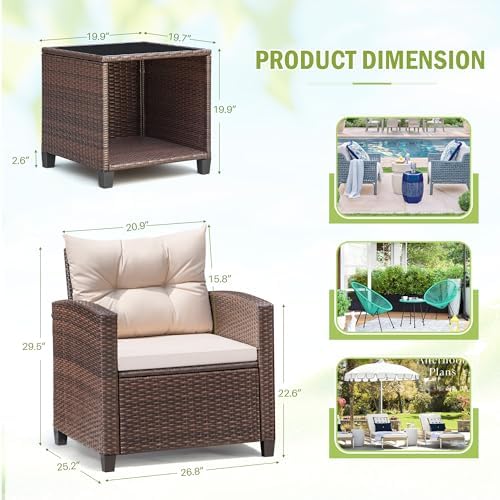 Devoko 3 Pieces Patio Furniture Set Outdoor Wicker Chairs and Table, Beige - Image 3