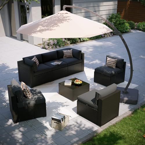 Aoxun Patio Furniture Set with Umbrella, 8 Piece Outdoor Sectional Sofas, Wicker Rattan Outdoor Furniture with Thickened Cushion for Backyard, Garden Dark Grey by Aoxun
