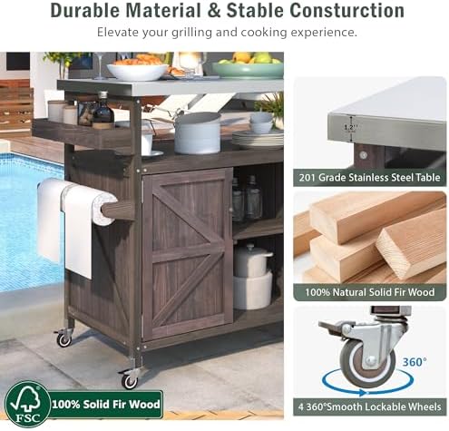 Outdoor Kitchen Island with Stainless Steel Top, Rolling Bar Cart & Storage Cabinet, 100% Solid Fir Wood BBQ Prep Station Grill Table with Spice Rack & Towel Holder (Dark Brown, 50-Inch) - Image 4