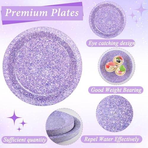 96PCS Purple Glitter Paper Plates and Napkins K-pop Purple Tableware Party Paper Plates Glitter Birthday Disposable Dinnerware Parties Set for Girl Women Sprinkle Wedding Anniversary Party Decorations - Image 3