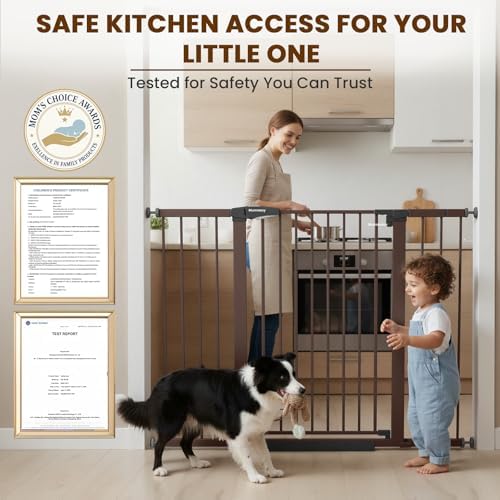Mumeasy 36" Extra Tall Baby Gate for Stairs, 29.7-51" Wide Dog Gates Indoor for Doorways with Easy Walk Thru, Auto Close Pet Safety Gate for House, Pressure Mounted Metal Child Gate with Door, Brown - Image 6