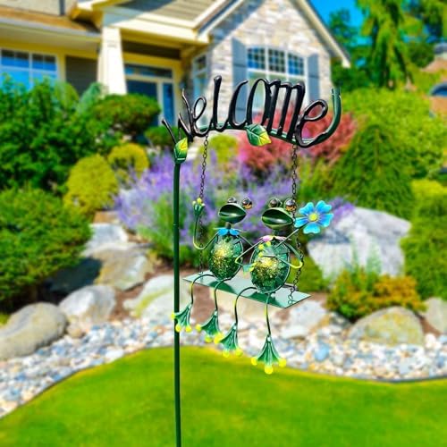 HONGLAND Solar Lights Outdoor Waterproof, Frog Swing Garden Decor, Frog Decorative Stake with Welcome Sign Landscape Patio Yard Gifts for Women Mom (48 inch) - Image 6