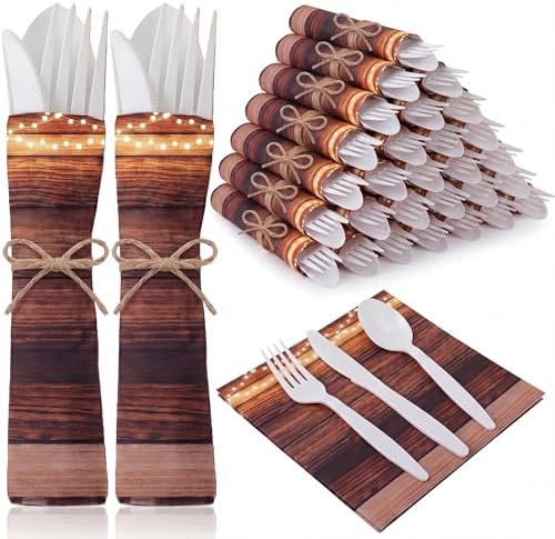 200 Pcs Wood Grain Wedding Supplies for 50 Guests Rustic Party by Lanties