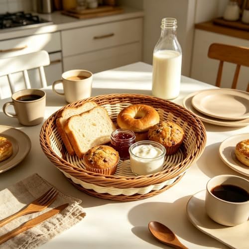RT&BS Large Round Wicker Bread Basket, Round Wicker Fruit Basket, Woven Egg Baskets, Reusable Handwoven Storage Baskets for Living Room, Kitchen, Store, Restaurant, Outdoor, Party (Bicolor, L) - Image 2