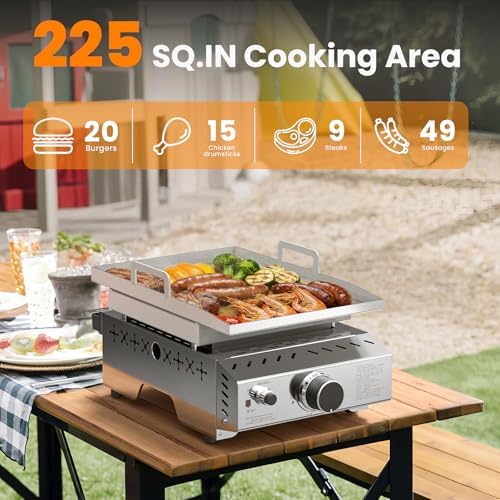 WAA Portable Propane Griddle, 8000BTU Tabletop Portable Propane Gas Grill with One Burner, Stainless Steel Flat Top Grill, Outdoor Cooking for Tailgating,Camping, RVs, BBQ, Patio, Silver - Image 5