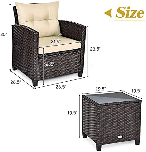 Tangkula 3 Pieces Patio Furniture Set, PE Rattan Wicker 3 Pcs Outdoor Sofa Set w/Washable Cushion and Tempered Glass Tabletop, Conversation Furniture for Garden Poolside Balcony (Beige) - Image 4