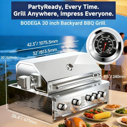 BODEGA 30 Inch 5-Burner Propane Gas Grill with Rotisserie Chicken Fork Kit, 58000-BTU Outdoor Gas Grill for Kitchen, LPG/NG Convertible, Backyard BBQ Grill with Temperature & Rear Infrared Burner. - Image 4