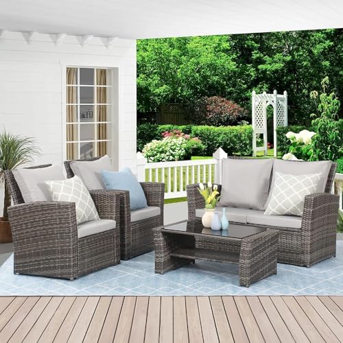Wisteria Lane 4 Piece Patio Furniture Set, Wicker Outdoor Patio Conversation Furniture Set, All Weather Outdoor Patio Sofa with Cushion and Glass Table, Light Gray - Image 2
