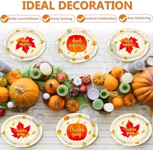 Qyeahkj 50 PCS Thanksgiving Oval Paper Plates Large 11” Disposable Fall Autumn Party Decorations Harvest Maple Leaf Supplies Favor for Home Kitchen Serving Dish Holiday Party Tableware Set - Image 3