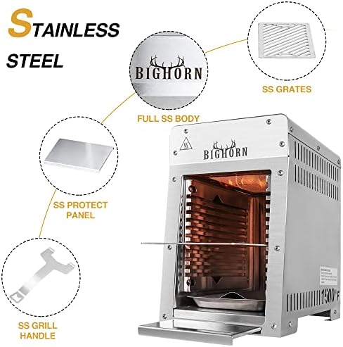 BIG HORN OUTDOORS 1500°F Infrared Propane Gas Grill – Portable Steak Broiler & Sear Station, Outdoor Salamander BBQ, Stainless Steel, 9 inch - Image 3