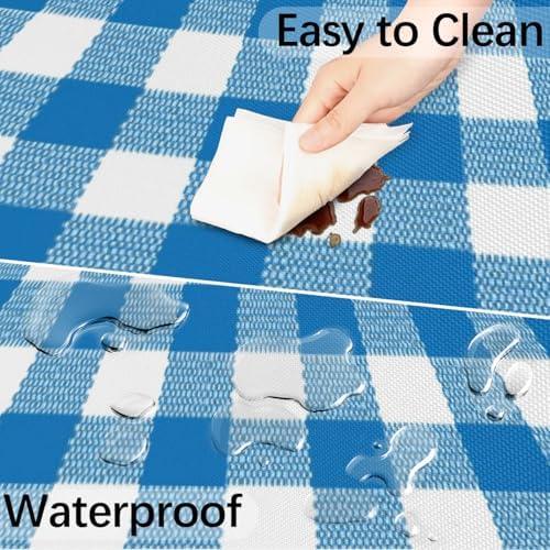 Fitted Round Tablecloth with Umbrella Hole and Zipper Buffalo Plaid Outdoor Elastic Table Cloth 45"-56" Oil-Proof Waterproof Patio Table Cover for Dining Picnic Party, Blue and White - Image 5