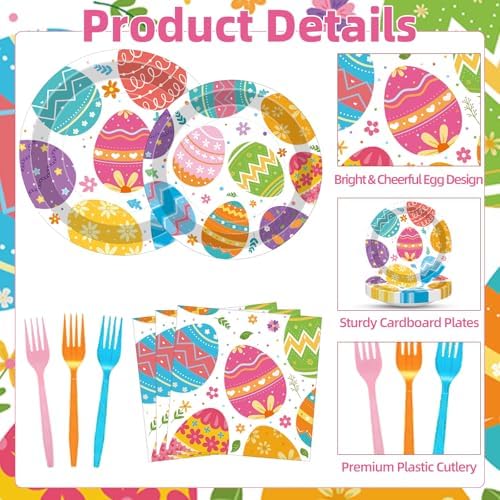 100 Pcs Easter Egg Tableware Party Supplies Set, Serves 25 – Disposable Colorful Eggs Paper Plates, Napkins, and Forks for Spring Celebration, Easter Day Egg Hunt, or Holiday Brunch Decorations - Image 3