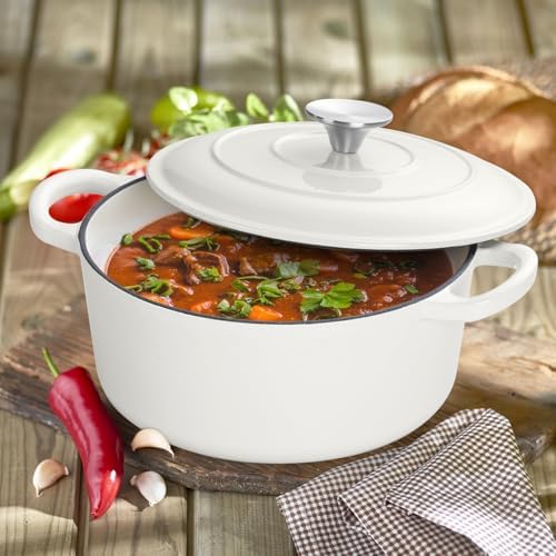 3 Qt Enameled Cast Iron Dutch Oven with Lid, E-far Small Round Nonstick Dutch Oven Pot for Bread Baking Braising Stews Roasting Cooking, Heavy Duty, Induction & Oven Safe - White - Image 5
