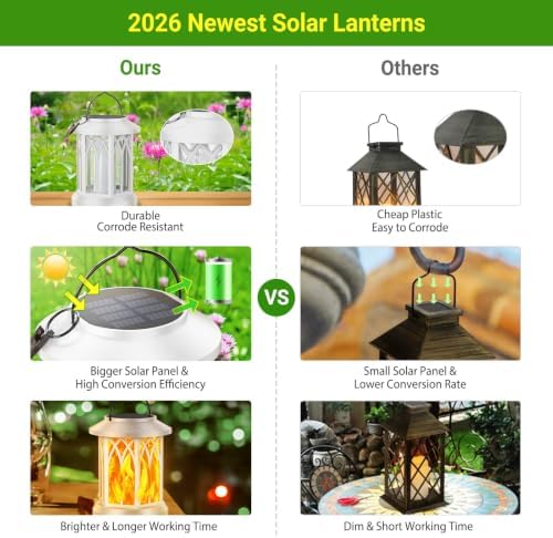 KOOPER Hanging Solar Lights Lantern Outdoor, 2 Pack Flickering Flames Solar Outdoor Lights, Solar Lanterns Outdoor Waterproof with Bigger Panel, Lanterns Decorative Outdoor for Garden Decor (White) - Image 6