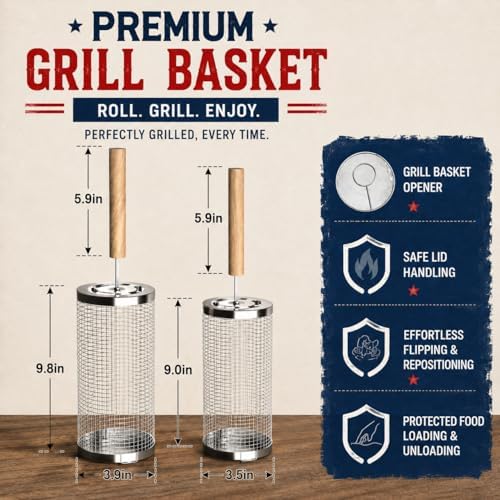 Rolling Grill Basket 2-Pack 304 Stainless Steel Net with Handle - Image 3