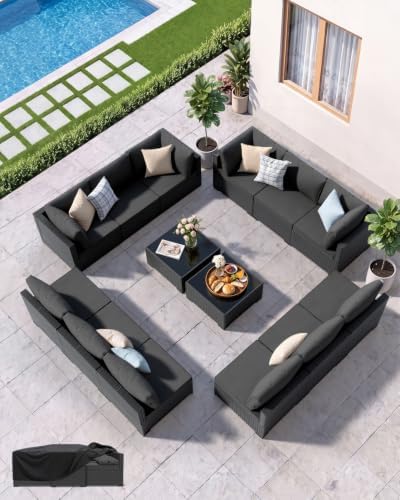 Patio Furniture Set - All-Weather - 14 Piece Patio Outdoor Conversation Set, Modular Wicker Rattan Sectional Sofa for Backyard, Garden, Poolside, Balcony, Porch, Patio, Black/Dark Gary by Unknown