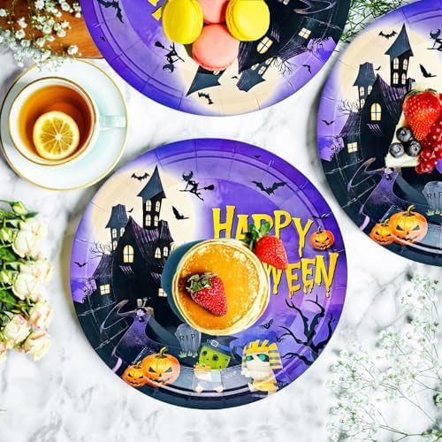 50Pcs Halloween Party Supplies Halloween Paper Plate 7Inch Pumpkin Plates Fall Pumpkin Monster Paper Plates for Haunted House Themed Black Orange Fall Birthday Party Decorations (Purple) - Image 4