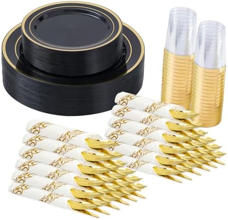Fijinhom 175Pcs Black Gold Disposable Plates, Plastic Plates for 25 Guests by Fijinhom