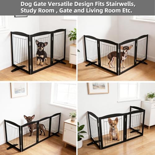 ZJSF Freestanding Dog Fence Indoor, Foldable Dog Gate for Doorways, Stairs or Hallways, Sturdy Wood Extra Wide Pet Gate with Support Feet for The House, Black, 32 "Height-3 Panels - Image 4