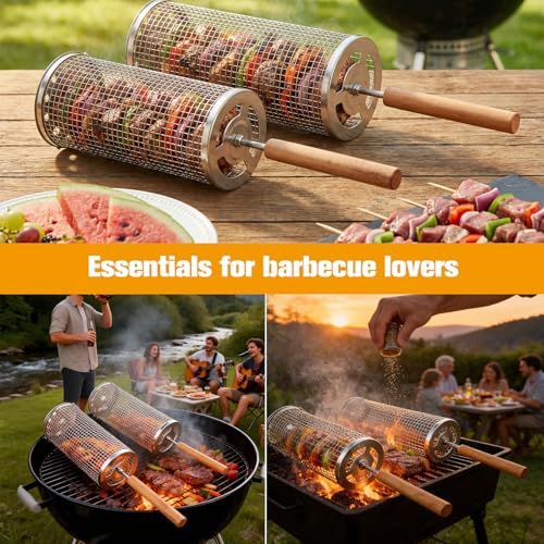7-Piece BBQ Set, 2 Rolling Grill Baskets for Effortless Flipping,Grilling Tools or Fish,Shrimp,Meat,Vegetables,Fries Food,Outdoor Camping Grilling Accessories,Gifts for Men Dad Husband - Image 3