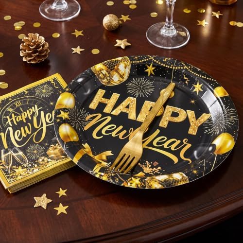 96 Pieces New Year’s Eve Plates and Napkins Set – Black and Gold 2027 Disposable 9 Inch and 7 Inch Party Plates with Gold Forks for New Year Countdown Celebration – Serves 24 Guests - Image 6
