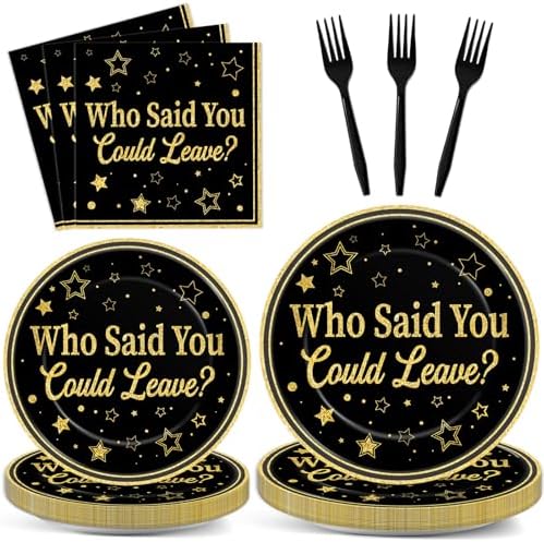 96Pcs Who Said You Could Leave Paper Plates and Napkins for Farewell Party Decor Retirement Disposable Plate Black and Gold Leaving Tableware Set for Goodbye Going Away Birthday Gatherings Decorations by Oitnlaughter