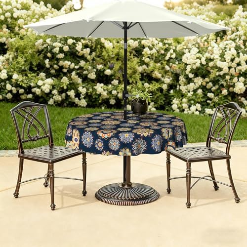 LVTXIII Round Outdoor Tablecloth with Umbrella Hole and Zipper, Water-Repellent 60 Inch Patio Table Cover for Bistro, Garden, Patio & Picnic, Bloom Cobalt - Image 6