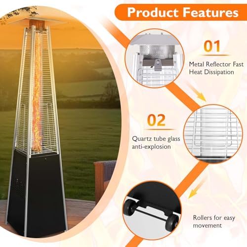 48,000 BTU Propane Patio Heater with Wheels, Quartz Glass Tube Pyramid Design, Includes Cover - Perfect for Parties, Backyard, Garden, Poolside, Commercial & Residential Use (Black) - Image 5